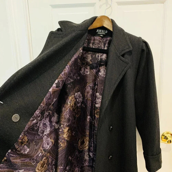 Vintage Jofeld Black Wool Double Breasted Long Dress Coat Size 14 Petite - Picture 2 of 16